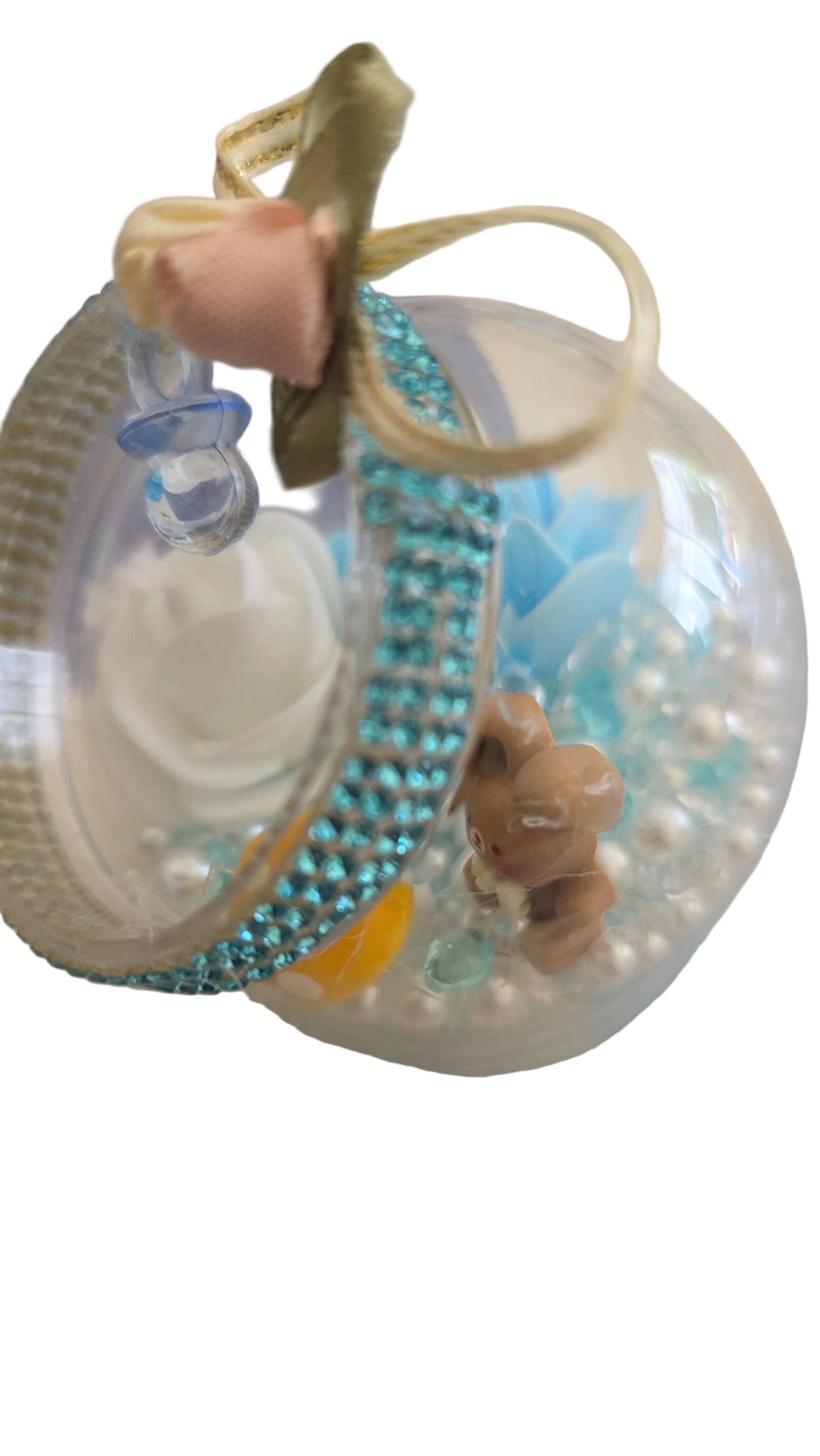 Detalles para bautizos con perlitas blancas y azules y detalles de bebe