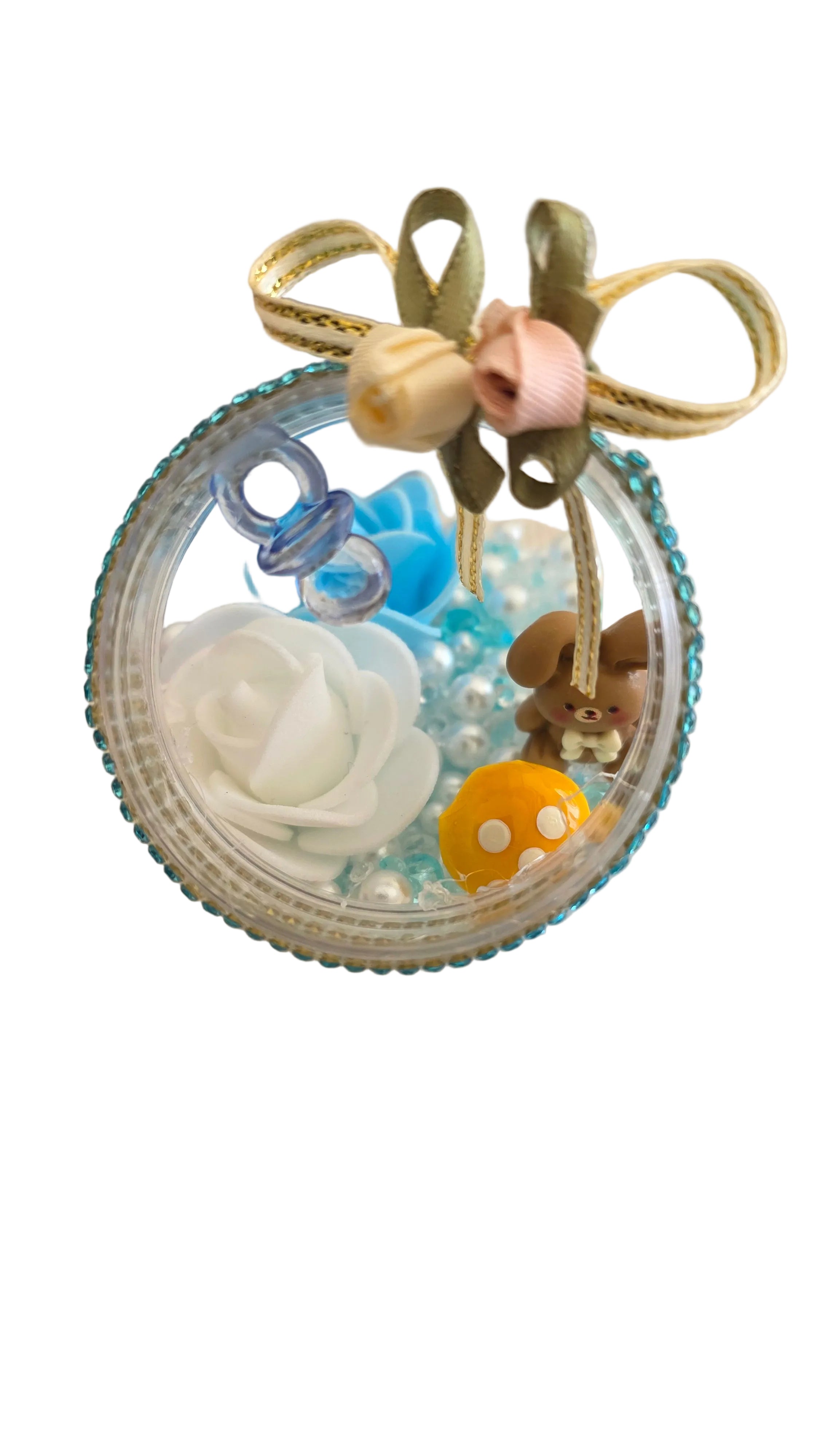 Detalles para bautizos con perlitas blancas y azules y detalles de bebe